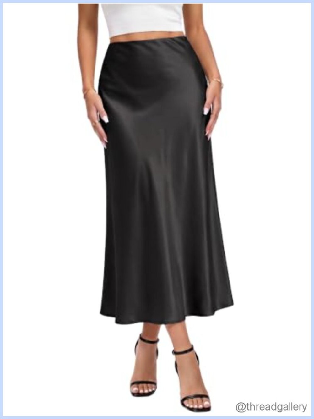 Satin Midi Skirt High Waist Lace Trim A-Line Silk Skirt for Women